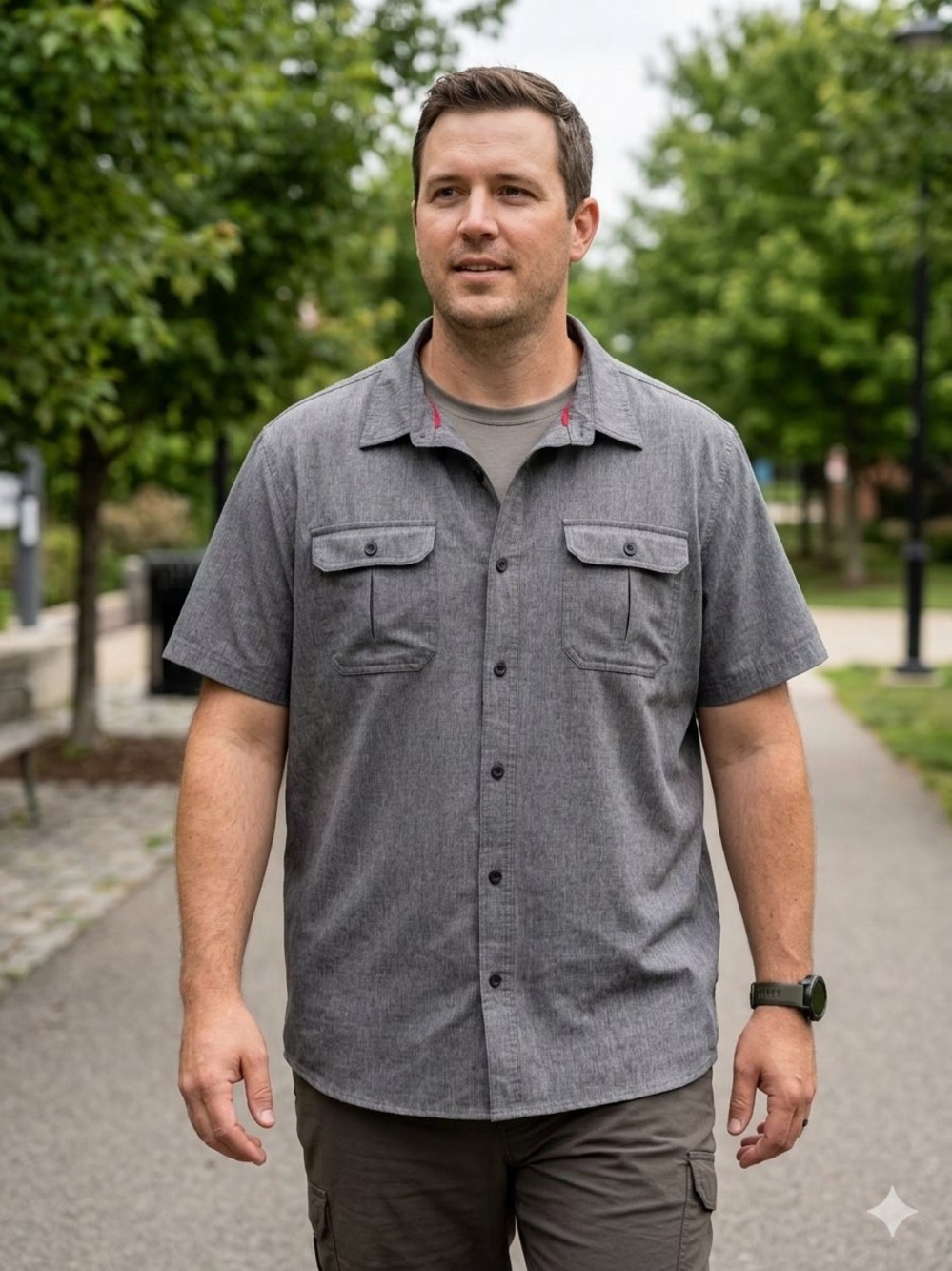 ZeroXposur Men's Short Sleeve Button-Down Shirt in Grey with Black Buttons